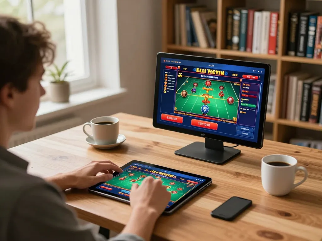 Engaging in online gambling at home with HELLO88 tablet gaming interface displayed