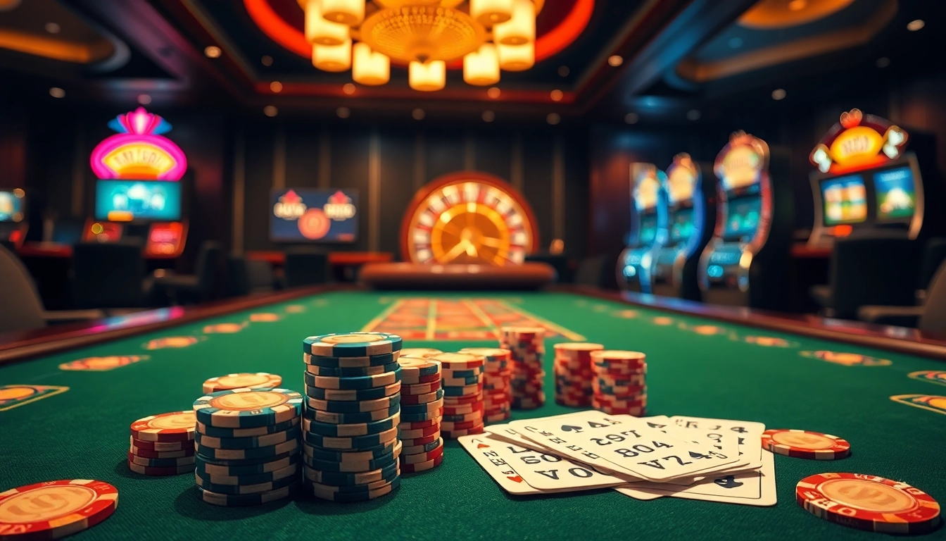 Players enjoy an exciting game at UU 88 casino tables with vibrant poker chips and roulette wheels.