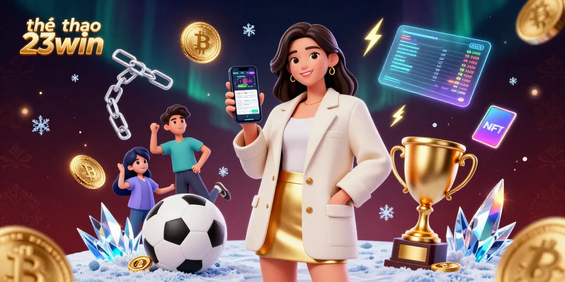 Engage in thể thao 23win sports betting with a vibrant Asian woman showing betting apps, surrounded by dynamic betting elements.