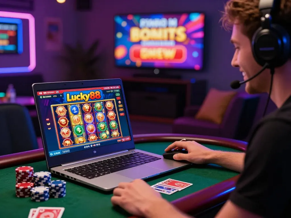 Engaging player enjoying Lucky88 online slot game on laptop with vibrant graphics and casino elements.