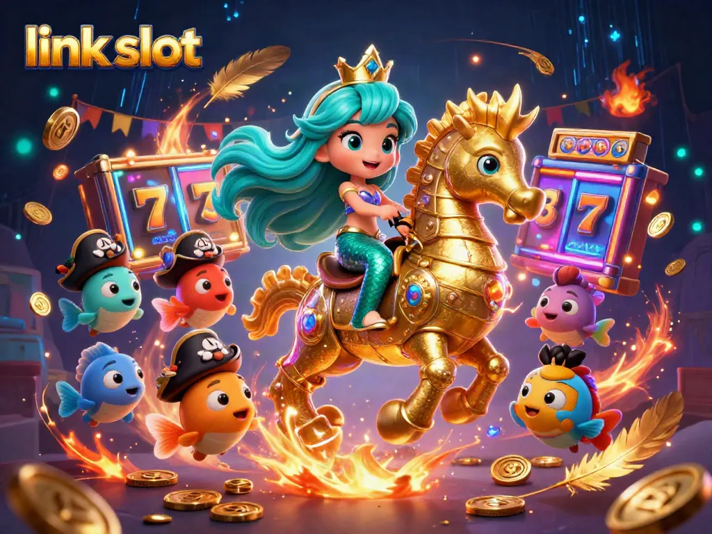 Experience the thrill of a link slot adventure with a mermaid princess and vibrant slot reels.