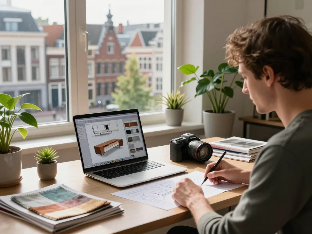 Interieurontwerper bespreekt op maat gemaakte meubelplannen met bedrijven in Utrecht zichtbaar door grote ramen.