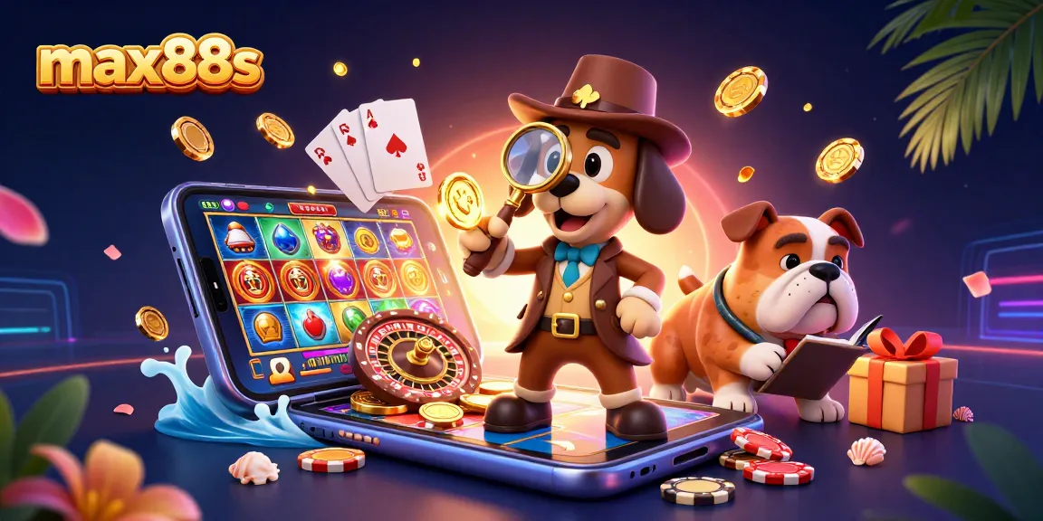 Engage in lively gameplay at max88s featuring a cartoon detective analyzing poker chips and exciting casino elements.