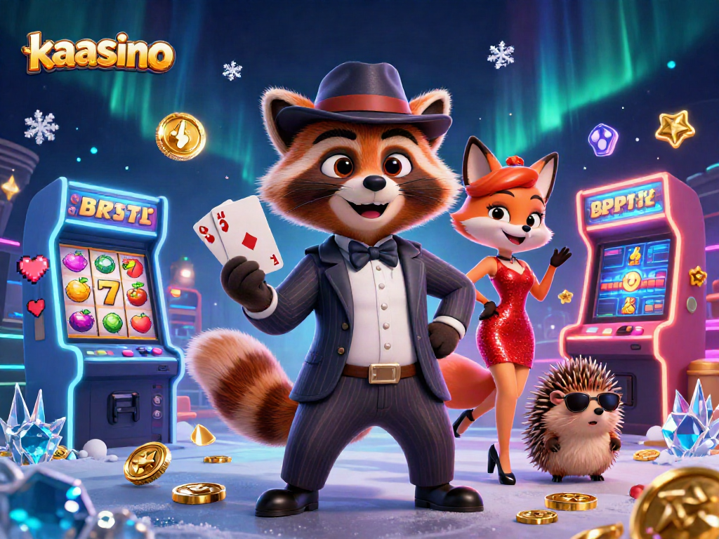 Win big at Kaasino with a suave raccoon, stylish fox, and strong hedgehog amid vibrant slot reels.