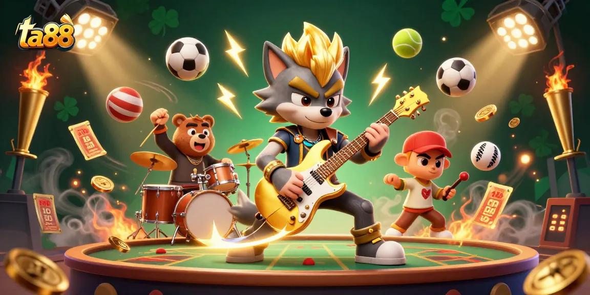 Experience high-energy casino action with ta88's electrifying gaming scene featuring a vibrant rock star wolf.