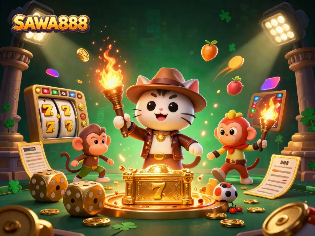 SAWA888 cat archaeologist discovers golden casino artifacts with exciting slot elements.