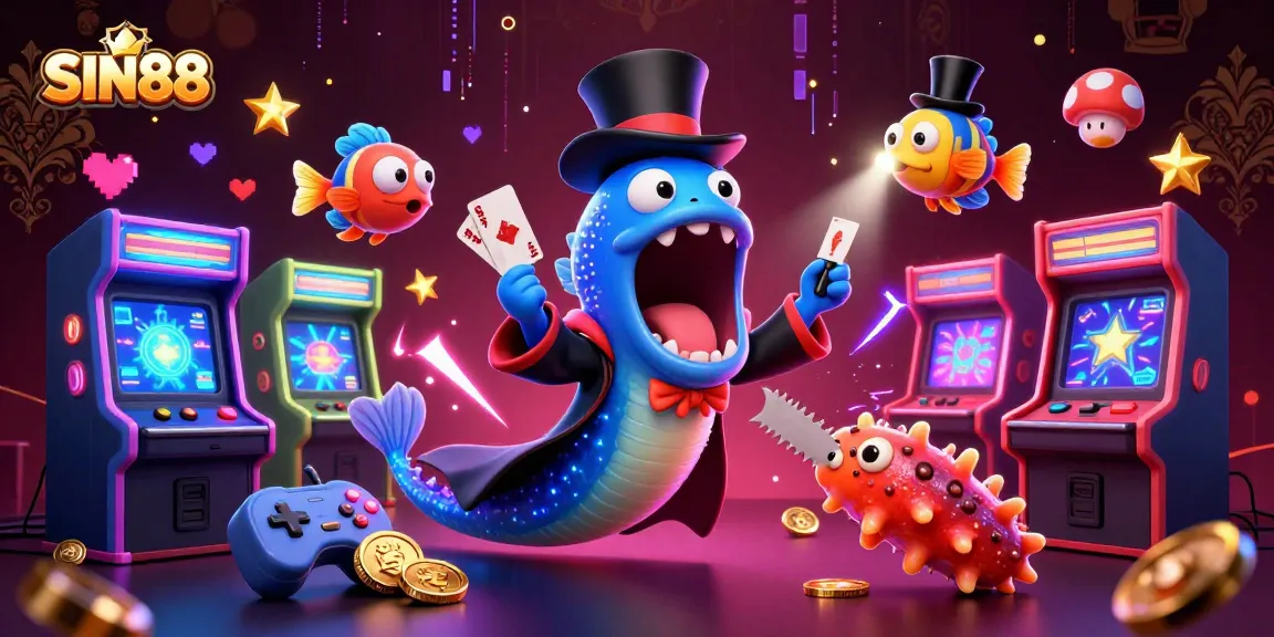 Experience SIN88's thrilling magic with vibrant characters in a dynamic casino scene, showcasing card tricks and arcade games.