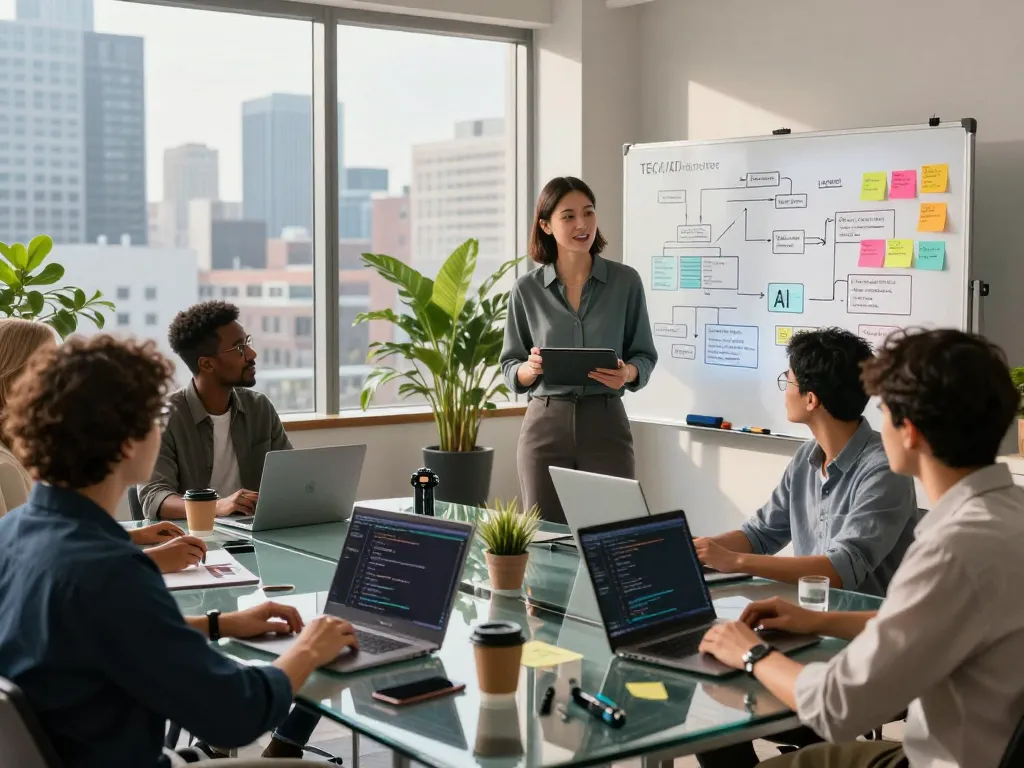Dynamic AI software development team discussing juicy ai project ideas in modern workspace.