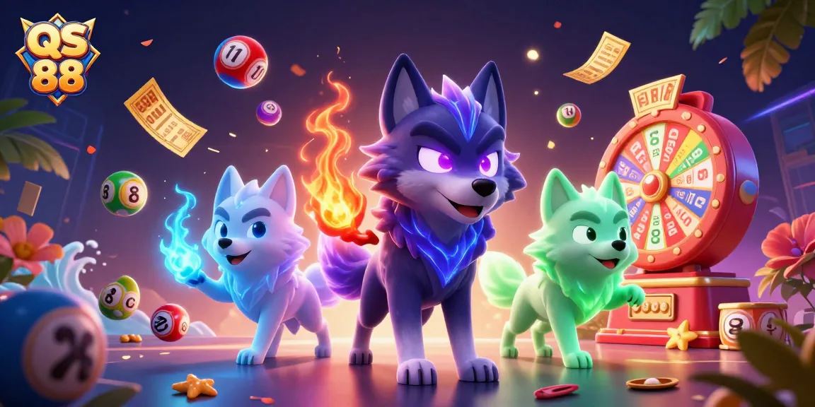 Experience excitement with QS 88 as colorful lottery balls burst dynamically in a vibrant casino scene.