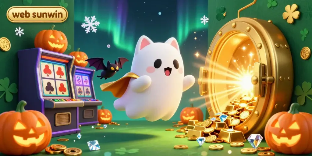 Join the excitement at web sunwin with this vibrant ghost cat and bat exploring a luxury casino.