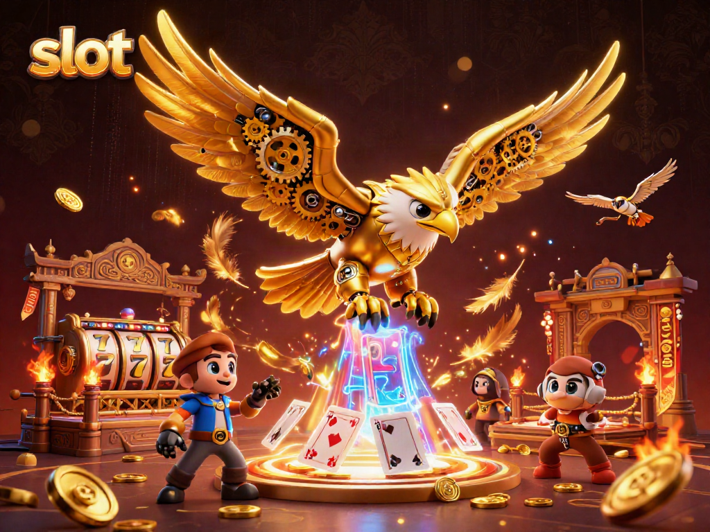 Engage in thrilling slot action with a cybernetic eagle amidst vibrant casino elements.