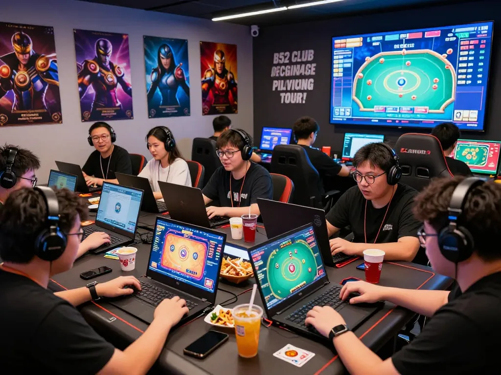 B52 Club gaming scene with players enjoying card games on multiple devices, highlighting intense engagement.