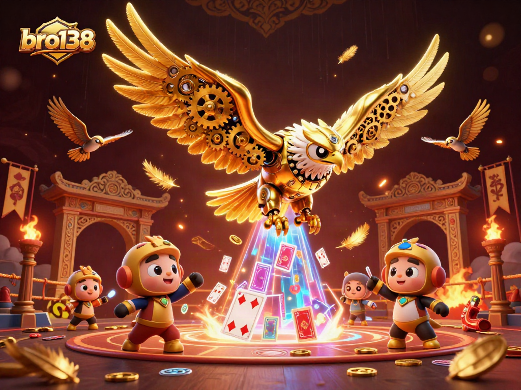 bro138 showcases an engaging 3D illustration of a cybernetic golden eagle amid vibrant casino elements.