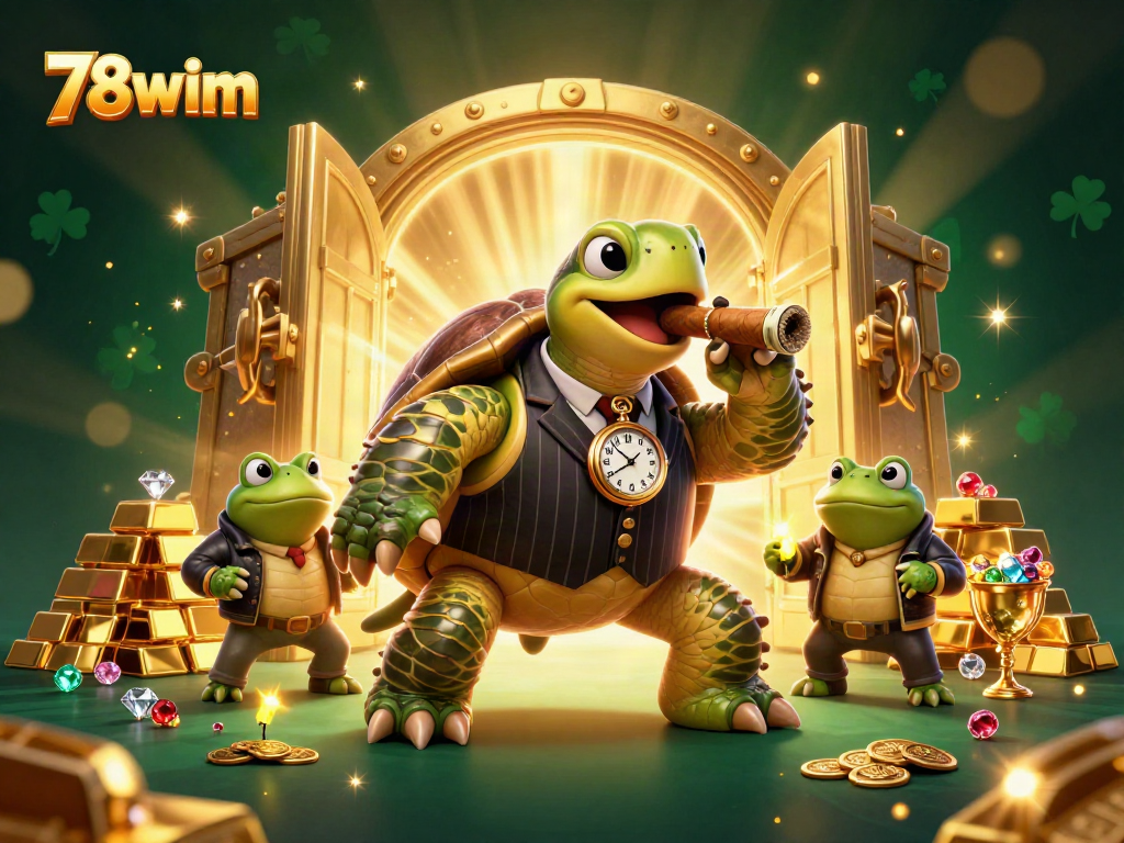 Experience the excitement of 78wim with a whimsical 3D scene of a turtle mobster and bullfrog enforcers in a vibrant casino setting.