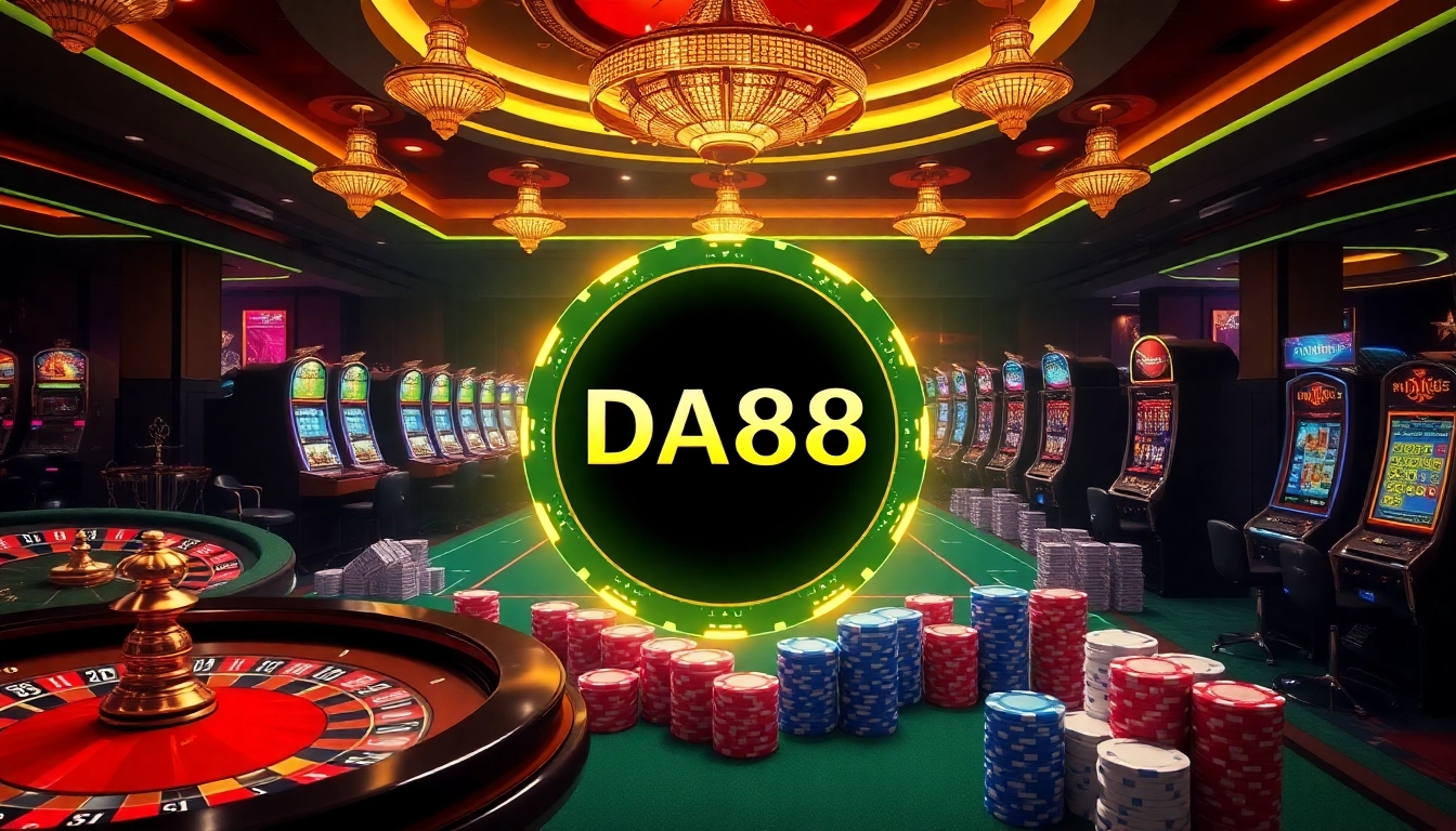 Players enjoying exciting casino games at DA88, featuring roulette, poker chips, and a vibrant atmosphere.