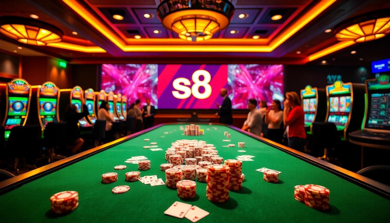 Engaging gaming scene showcasing excitement at trang chủ s8 online casino with poker chips and cards.