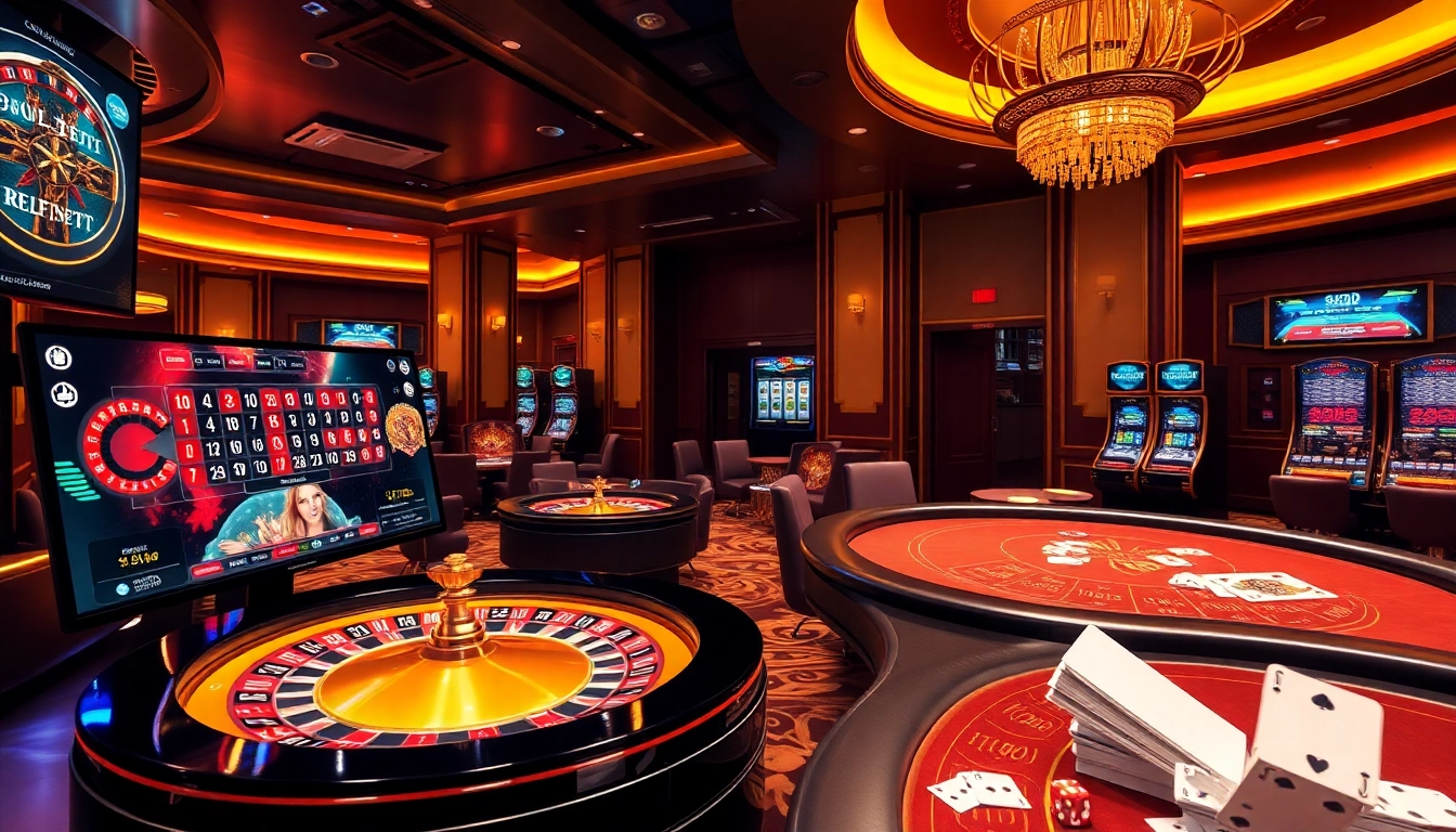 Lode88 ai showcasing an exciting online casino atmosphere with players at virtual roulette and poker tables.