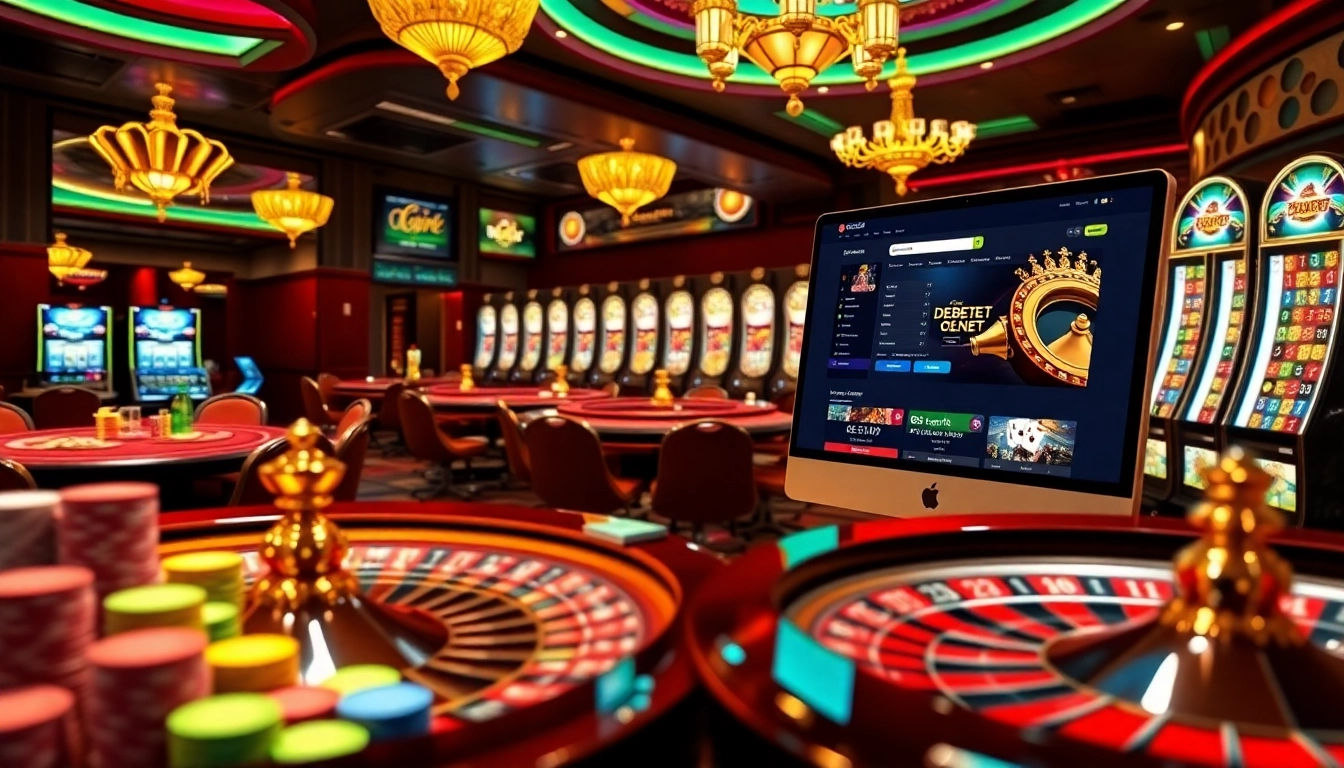 Experience the thrill of debet net with an exciting casino scene showcasing vibrant gambling activities.