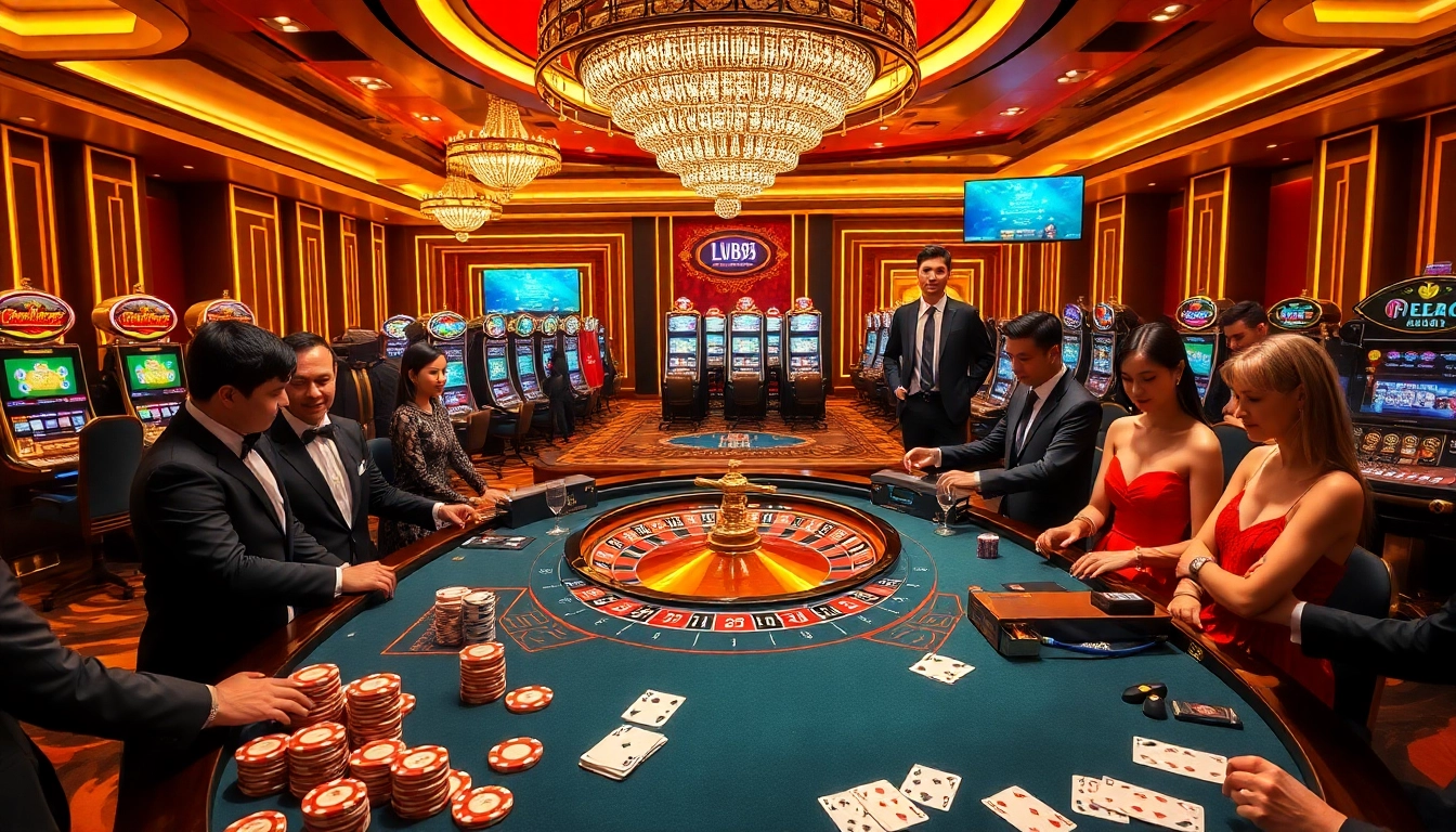 Players engaging with the Nhà cái Lu88 roulette table, surrounded by vibrant poker chips and cards.