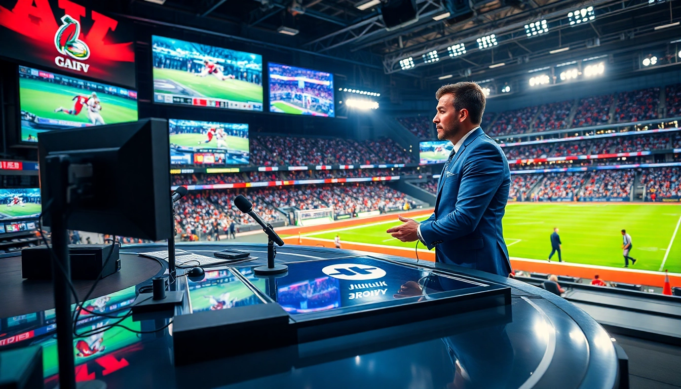 Engaging sports broadcasting scene in a modern studio highlighting a live sports anchor.