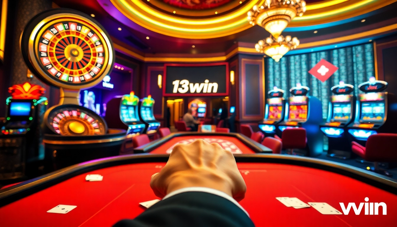 13win casino scene showcasing vibrant roulette and poker activities in a luxurious environment.