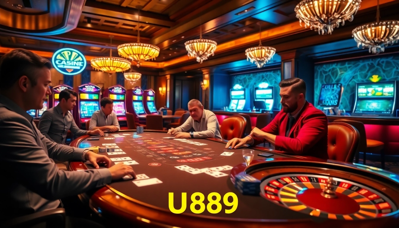 Live dealers and players engaging in poker at U888 casino, showcasing vibrant atmosphere.