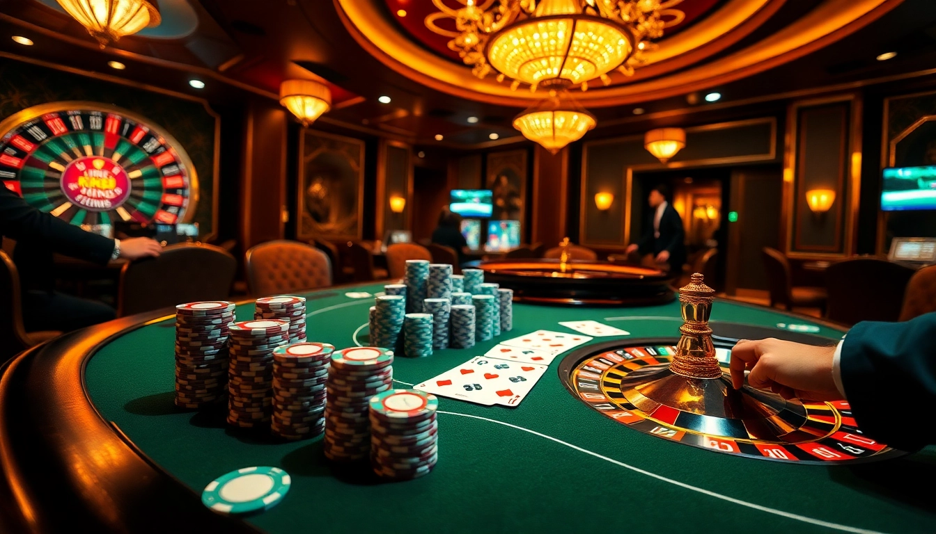 A dynamic gaming scene with players at a poker table and roulette wheel showcasing king88 vina excitement.