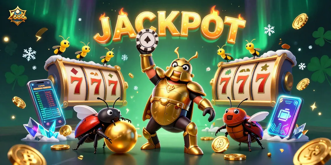 Engage with S 666 gaming excitement as a hercules beetle lifts a poker chip, surrounded by vivid casino elements.