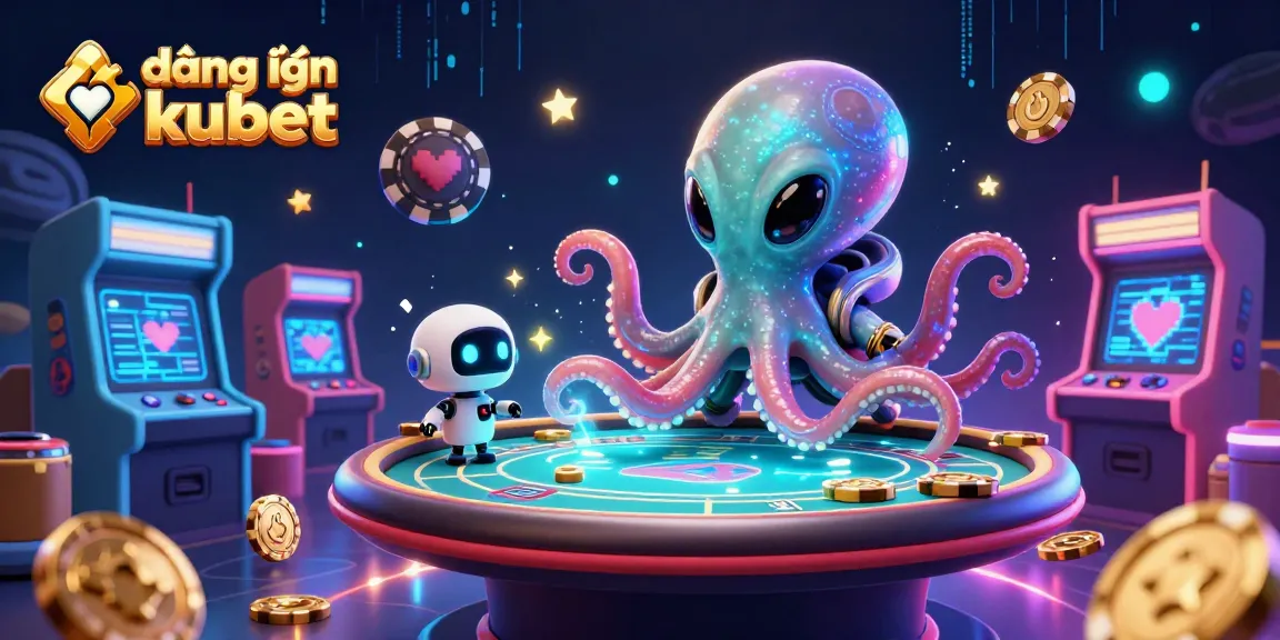 Engage with the lively scene of đăng nhập kubet featuring an alien octopus at a holographic poker table, highlighting vibrant casino elements.
