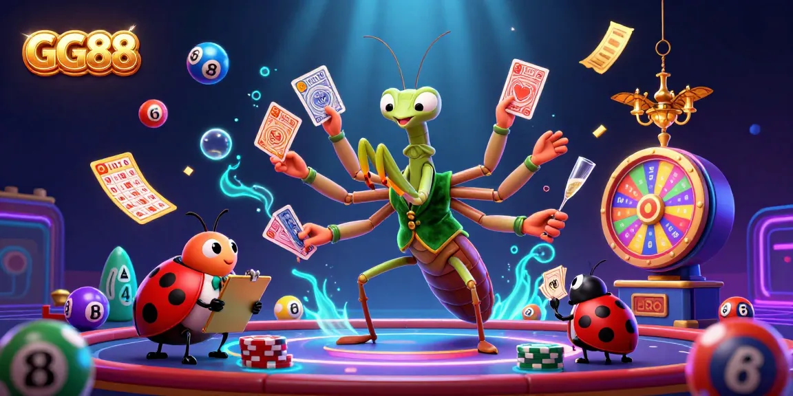 Experience gaming action with GG88 in a vibrant 3D casino scene featuring colorful lottery elements and dynamic characters.