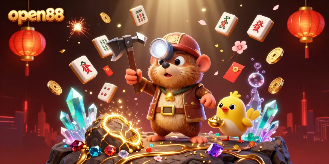 Open88 gaming illustration showcasing a treasure hunter mole in a rich casino setting with vibrant elements.