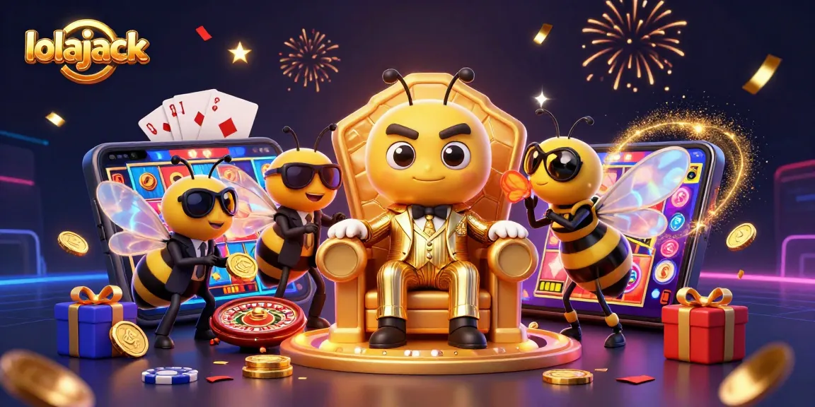 lolajack casino's dynamic scene featuring a bumblebee mob boss amidst vibrant gambling elements.