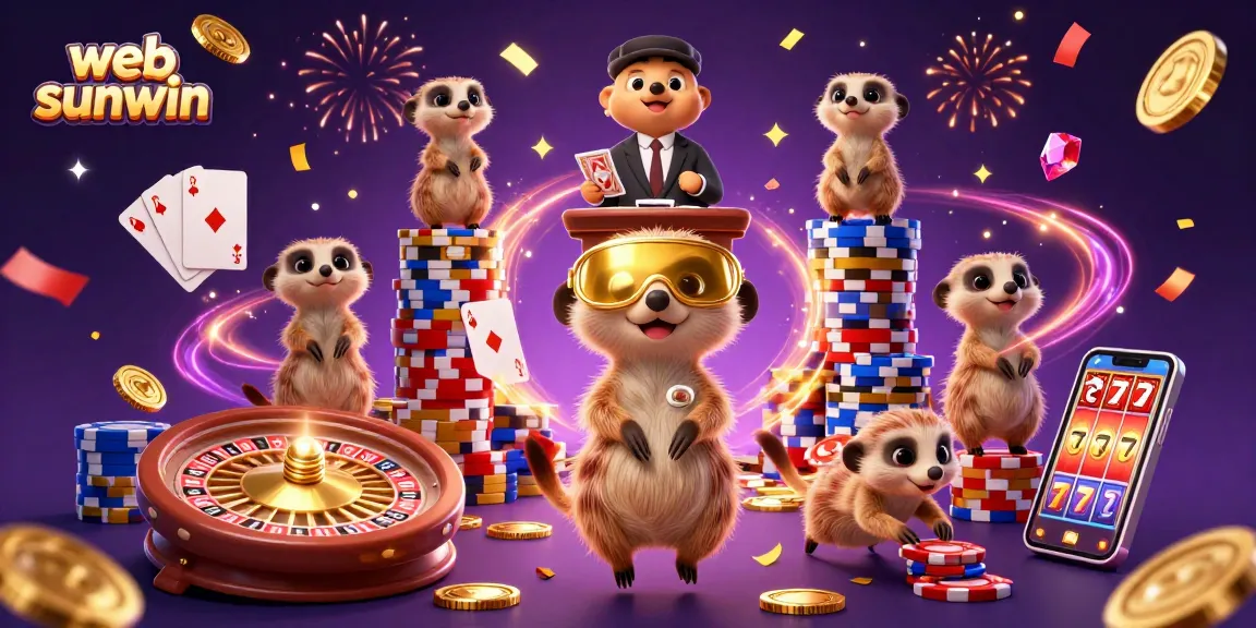 Experience thrilling wins at web sunwin with cartoon meerkats enjoying casino fun and riches.