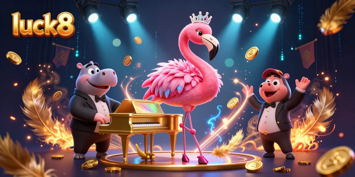 Experience luck8 with vibrant casino illustration featuring flamingo singer and hippo bassist