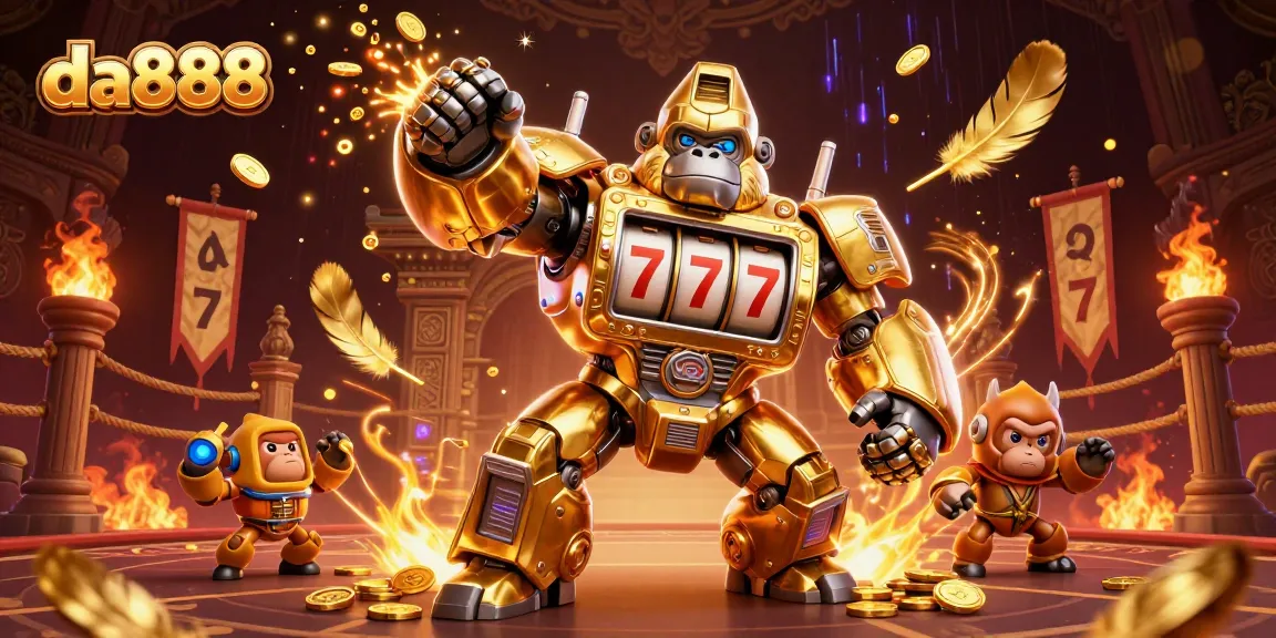 Engage in thrilling gameplay with da888's dynamic 3D illustration of a golden gorilla mech and vibrant casino elements.