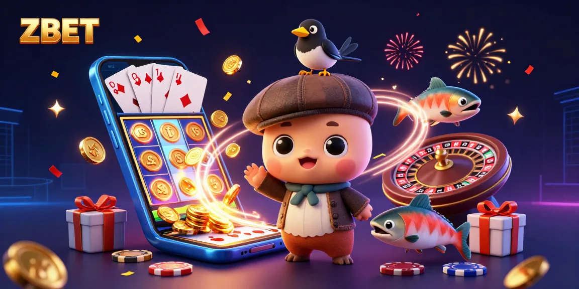 ZBET offers thrilling gameplay with cartoon characters enjoying casino games amidst festive celebration.