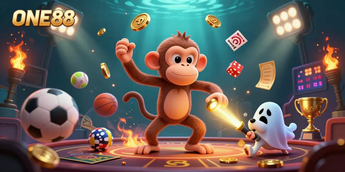 ONE88 showcases a whimsical scene of a playful poltergeist monkey juggling in a haunted casino amidst vibrant sports elements.