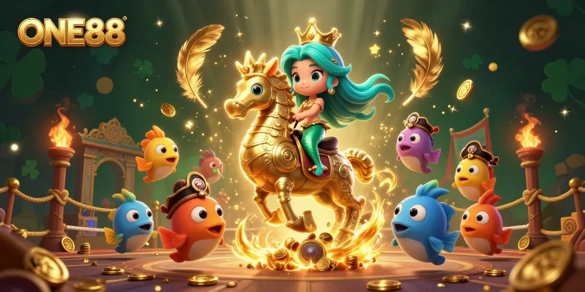 Join the excitement at ONE88 with a vibrant casino scene featuring a mermaid and seahorse in gold!
