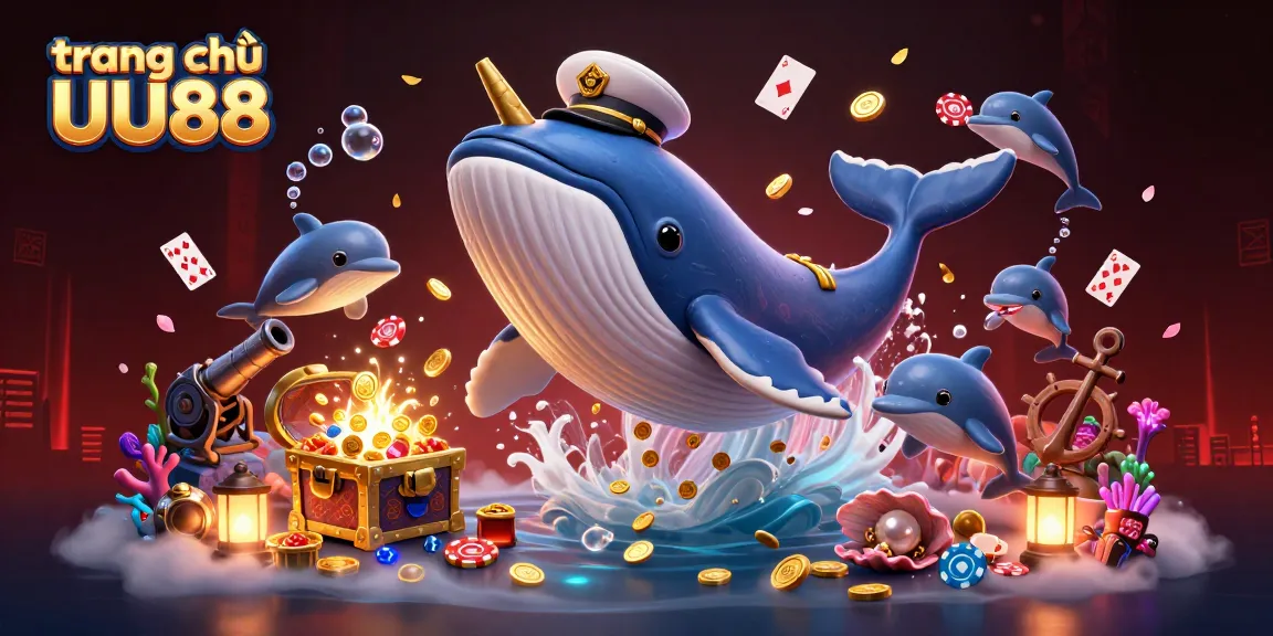 Experience thrilling gaming action on trang chủ UU88, featuring playful dolphins with poker chips and a colorful underwater scene.