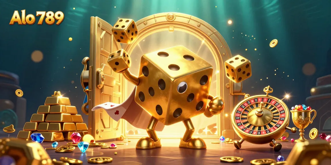 Alo 789 showcases a vibrant 3D illustration of gambling excitement with golden treasures, dice, and card elements.