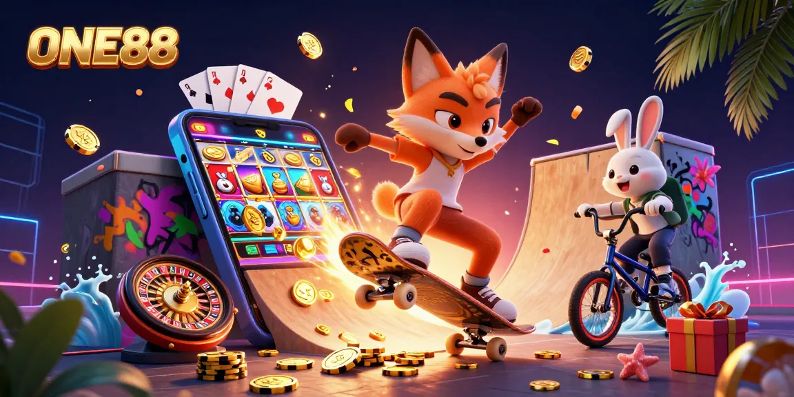 Experience exhilarating gameplay with ONE88’s vibrant cartoon scene featuring thrilling casino elements.