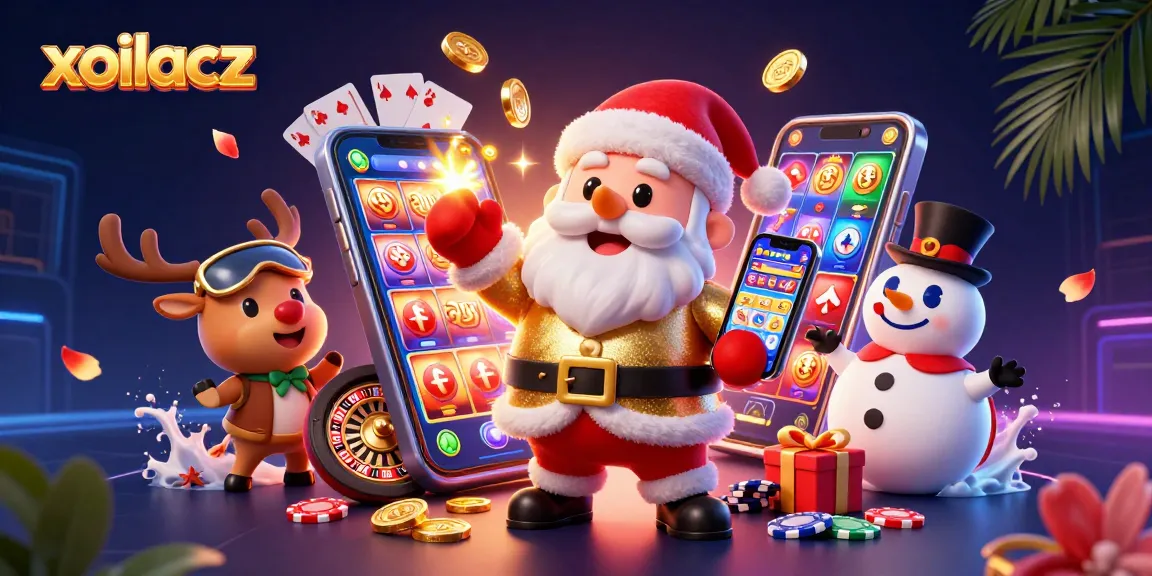 Xoilacz brings the casino experience to life with a vibrant scene featuring Santa, a reindeer dealer, and a snowman with poker chips.