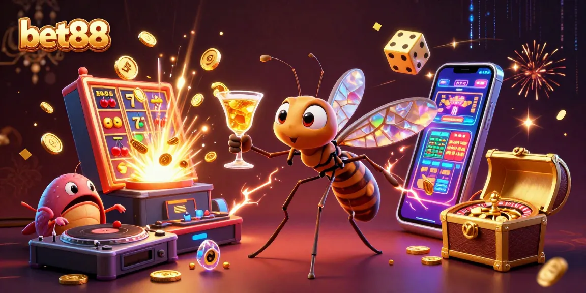 Bet88's lively casino atmosphere showcases a mosquito mascot and exciting gaming elements.