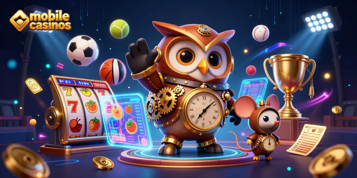 Engaging scene of mobile casinos showcasing an owl and mouse with casino symbols and sports elements.
