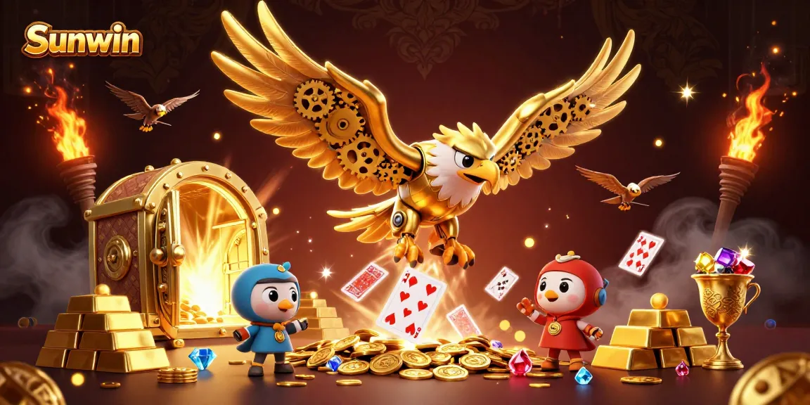 Experience thrilling gameplay at Sunwin with a cybernetic eagle amid shimmering treasures and cards.